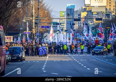 Seoul, Corea del Sud 1/11/2020 Gwanghwamun Plaza Corea del Sud: Proteste a Seoul nel gennaio 11 Foto Stock