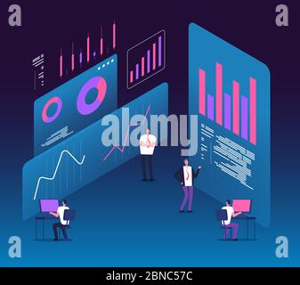 Strategia di investimento concetto isometrico. Persone con diagrammi di dati analitici. Marketing digitale per la tecnologia aziendale progettazione vettoriale 3d. Dati di ricerca e infografica, illustrazione del diagramma finanziario Illustrazione Vettoriale