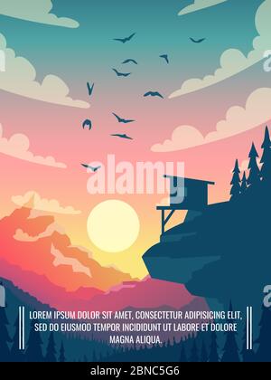 Paesaggio di montagna vettore piano con sole e nuvole nel cielo con uccelli. Casa all'aperto in montagna, casa per il turismo in paesaggio illustrazione scena Illustrazione Vettoriale