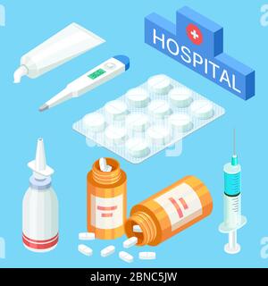 Strumenti medici e farmaci, vitamine. Illustrazione degli elementi della medicina isometrica 3d vettoriale Illustrazione Vettoriale