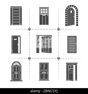 Sagome delle porte aperte e chiuse icone vettoriali isolate su un'illustrazione bianca Illustrazione Vettoriale