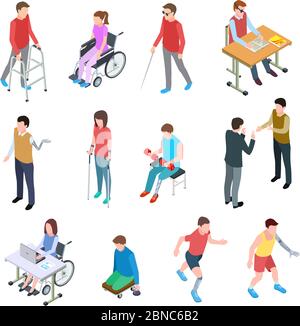 Isometrica delle persone disabili. Persone con lesioni in sedia a rotelle, con arti protesici, non vedenti e anziani. Insieme isolato vettoriale. Illustrazione delle persone disabili in sedia a rotelle, persona protesica Illustrazione Vettoriale