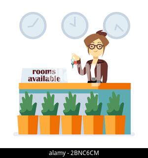 Camere disponibili in stile vettoriale. Hostel o hotel reception e carino personaggio cartoon manager con le chiavi illustrazione Illustrazione Vettoriale