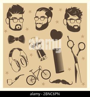 Set di elementi per hipster vettoriale - teste maschio, forbici, cravatta per arco, illustrazione di biciclette Illustrazione Vettoriale