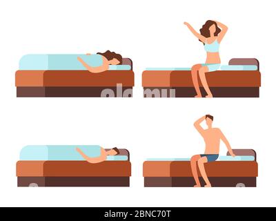 Dormire e svegliarsi uomo e donna in un letto accogliente carattere cartoon. Illustrazione vettoriale Illustrazione Vettoriale