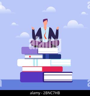 L'uomo letterato siede su un mucchio di libri. Concetto di vettore di autoeducazione. Illustrazione di istruzione e studio del tipo del lavoratore Illustrazione Vettoriale
