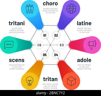 Grafico del processo. diagramma delle opzioni a 6 fasi, infochart dell'organizzazione aziendale. Infografiche della sequenza vettoriale isometrica. Illustrazione della presentazione infografica, diagramma e grafico, piano di infocchart Illustrazione Vettoriale
