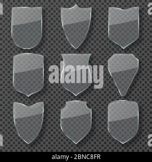 Protezione di sicurezza in vetro. Protezioni trasparenti lucide. Badge in vetro Guardian con set vettoriale isolato a rifrazione. Immagine della protezione sicura e di sicurezza del vetro Illustrazione Vettoriale