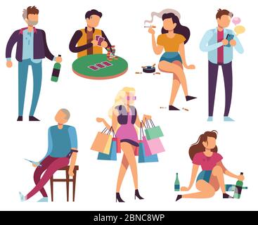 Persone addicted. Cattive abitudini alcolismo tossicodipendenza fumo gioco d'azzardo smartphone shopping dipendenze. Insieme di vettori di stile di vita non sano. Dipendenza alcolica, bevanda di abitudine e illustrazione shopaholic Illustrazione Vettoriale