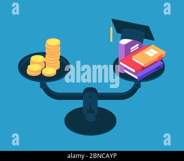 Investimenti nell'istruzione. Soldi per studiare l'università, libri e monete d'oro su scala. Concetto di vettore di prestito di studente. Illustrazione di investimento in università di graduazione Illustrazione Vettoriale