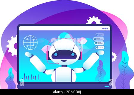 Concetto chatbot. Ai robot consiglia i clienti. Servizio clienti hotline. Supporto virtuale e background del vettore di assistenza mobile. Illustrazione del supporto ai robot, hotline virtuale Illustrazione Vettoriale