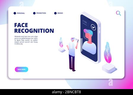 Concetto isometrico riconoscimento facciale. Scanner per smartphone per la verifica dell'ID. Identificazione personale, faccia pagina di destinazione del vettore del lettore autentico. Immagine del riconoscimento e della scansione del viso dello smartphone Illustrazione Vettoriale