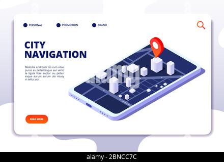 Concetto isometrico mappa di navigazione. Sistema di localizzazione GPS. Tracciatore telefonico con posizionamento globale. Sistema gps di navigazione della landing page vettoriale, illustrazione della strada della città sullo schermo del cellulare Illustrazione Vettoriale