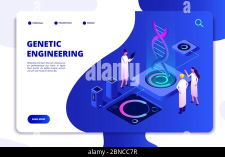 Concetto genetico. Biochimica della nanotecnologia del DNA e ingegneria del DNA del genoma umano. Landing page del vettore 3d di biologia molecolare. Ingegneria genetica, struttura del genoma, illustrazione isometrica cromosomica Illustrazione Vettoriale