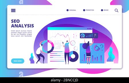 Analisi SEO. Internet marketing, moderna tecnologia sociale. SEO Service Landing page vettore concetto. Ottimizzazione dati di sviluppo, analisi seo illustrazione Illustrazione Vettoriale