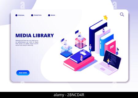 Pagina di destinazione della libreria online. Studenti in bibliotheque, libri accademici. Concetto isometrico vettoriale per l'educazione alla tecnologia di lettura eBook. Illustrazione isometrica della libreria di formazione dei media Illustrazione Vettoriale
