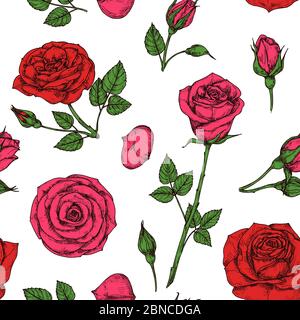 Schema Roses. Bouquet di fiori di rosa con fiori rossi. Disegno vettoriale senza cuciture floreali. Illustrazione di sfondo rosa rosso, bouquet con motivo senza cuciture Illustrazione Vettoriale