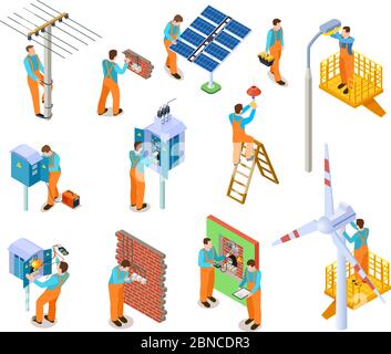 Set isometrico per elettricisti. Lavoratori che svolgono lavori elettrici di sicurezza. Manutenzione elettrica uomo riparazione linee elettriche vettore caratteri 3d. Illustrazione di un lavoratore elettricista, servizio professionale Illustrazione Vettoriale