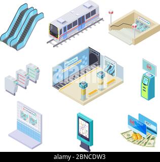 Elementi isometrici della metropolitana. Metropolitana, piattaforma e scala mobile, giradischi e tunnel sotterraneo. raccolta vettoriale per metropolitana 3d. Illustrazione della stazione ferroviaria isometrica della metropolitana Illustrazione Vettoriale