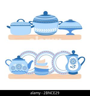 Stoviglie pentole in ceramica. Ciotole, piatti, teiera e panca in porcellana blu sulle scaffalature in legno. Vettoriale stoviglie ceramica, utensili da cucina e tavola illustrazione Illustrazione Vettoriale