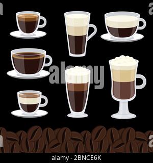 Set di tazze per cartoni animati di raccolta vettoriale di caffè. Tazza di raccolta del caffè, cappuccino e mocha illustrazione Illustrazione Vettoriale