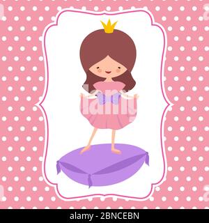 Piccolo cartoon personaggio dolce principessa vettore modello di carta. Costume da principessa donna, bambina avatar con corona Illustrazione Vettoriale