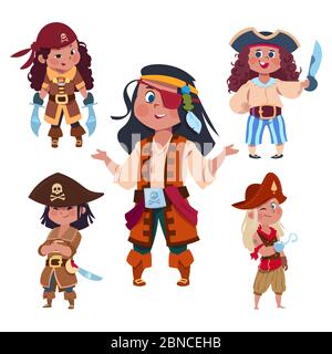 Personaggio Cartoon ragazza pirati isolato su sfondo bianco. Illustrazione del personaggio pirata con gancio e sciabola, carnevale in costume piratesco Illustrazione Vettoriale