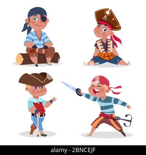 Cartoon personaggio ragazzi pirati vettore isolato su sfondo bianco. Personaggio pirata ragazzo, costume illustrazione pirata Illustrazione Vettoriale