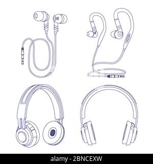 Cuffie e auricolari isolati su sfondo bianco. Illustrazione dell'ascolto stereo lineare delle cuffie Illustrazione Vettoriale