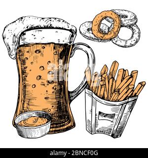 Bicchiere di birra e spuntini disegnato a mano illustrazione vettoriale. Tazza in vetro di birra e schizzo di spuntini alimentari Illustrazione Vettoriale