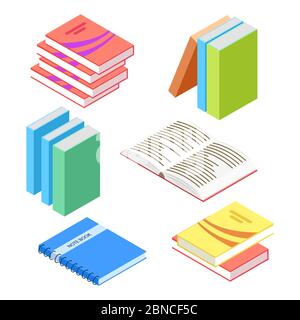 Libri isometrici e blocco note isolati su sfondo bianco. Libro isometrico Education, stack 3d. Illustrazione vettoriale Illustrazione Vettoriale