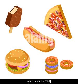 Gustosi fast food isolati su sfondo bianco. Hamburger isometrico, gelato, pizza, ciambelle e vettore hot dog. Illustrazione del pranzo fast food, 3D delizioso sandwich Illustrazione Vettoriale