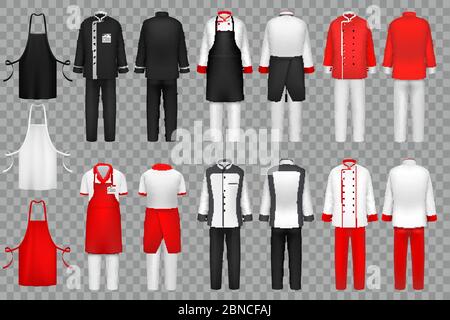 Abbigliamento culinario. Uniforme da chef, abito tessile da cucina vettore set isolato. Panno per abiti da grembiule da cameriere, uniforme da outfit per l'illustrazione della cucina Illustrazione Vettoriale