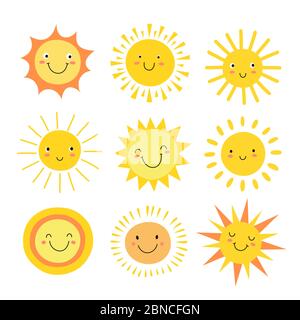 Emoji sole. Divertente sole estivo, sole bambino felice mattina emoticon. Cartoon soleggiato sorridente volti icone vettoriali. Illustrazione del calore del sole, emoji e mascotte di emozione Illustrazione Vettoriale