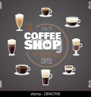 Tutto il giorno con coffee - coffee shop banner vettoriale con tazze con diverse bevande calde. Bevi il banner della tazza di caffè, l'espresso caldo e la mocha illustrazione Illustrazione Vettoriale