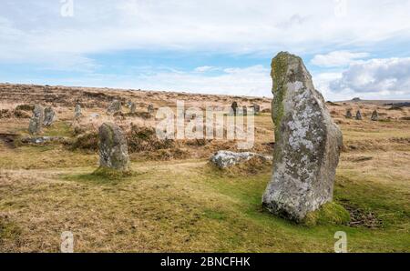 Scorhill Stone Circle, su Gidleigh Common, è uno dei cerchi di pietra più grandi e intatti del Devon. Dartmoor National Park, Devon, Inghilterra, Regno Unito. Foto Stock