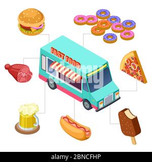 Camion isometrico di fast food, hamburger, ciambelle, birra, elementi vettoriali barbecue. Veicolo strada camion, cibo hamburger e pizza illustrazione Illustrazione Vettoriale