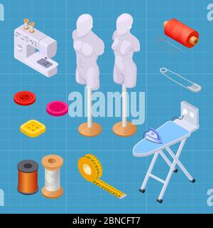 Set isometrico per macchine da cucire, collezione vettoriale per macchine da cucire. Attrezzatura isometrica, illustrazione della macchina da cucire Illustrazione Vettoriale