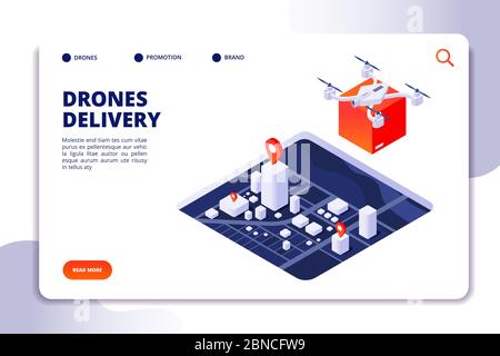 Concetto isometrico logistica droni. Tecnologia di consegna futura, spedizione con droni senza equipaggio e quadricotteri. Consegna del trasporto della pagina di destinazione vettoriale, illustrazione del servizio del drone isometrico Illustrazione Vettoriale