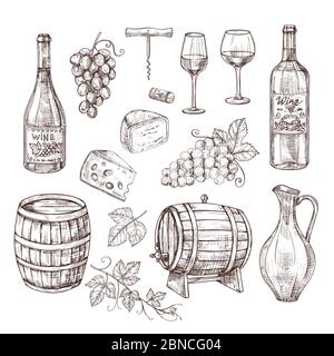 Set di vini. Uva, bottiglie di vino e verricello, barile. Set vettoriale per bevande alcoliche vintage disegnate a mano. Illustrazione di bottiglia, vino e bevande alcoliche Illustrazione Vettoriale