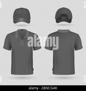 Cappellino da baseball nero e polo maschile t-shirt vettore realistico mockup. Illustrazione di cappellino e camicia vestiti maschio Illustrazione Vettoriale