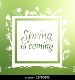 Spring è venuta banner vettore design con fiori sihouette illustrazione isolato su verde Illustrazione Vettoriale