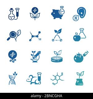 Insieme di icone della biotecnologia della modificazione genetica e della ricerca sul dna. Illustrazione vettoriale Illustrazione Vettoriale