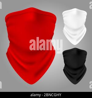 Vettore realistico collezione di balaclavas tessili isolato. Illustrazione di bandana per il viso, sciarpa di abbigliamento Illustrazione Vettoriale