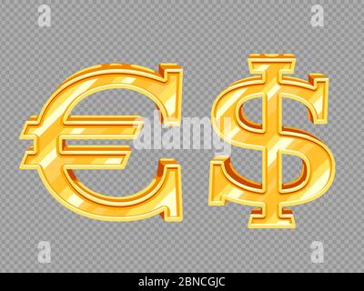 I segni del dollaro e dell'euro del vettore d'oro sono isolati su sfondo trasparente. Illustrazione dei simboli dell'oro in euro e in dollari Illustrazione Vettoriale