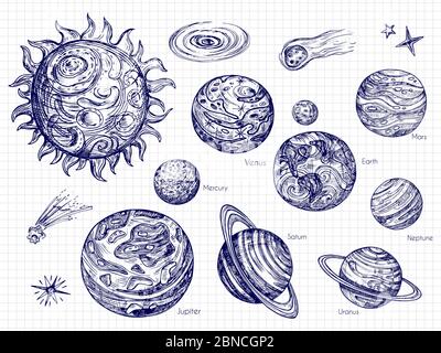 Disegno del sistema solare e degli elementi spaziali disegno vettoriale. Illustrazione dello spazio galassico con sistema solare con pianeti Illustrazione Vettoriale