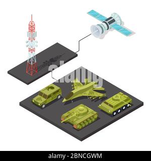 Moderno telecomando di attrezzature militari con illustrazione vettoriale isometrica wi-fi Illustrazione Vettoriale