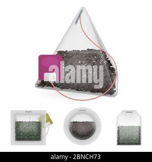 Sacchetti con erbe, tè verde e nero isolati su sfondo bianco. Illustrazione del verde del tè della borsa e delle erbe Illustrazione Vettoriale