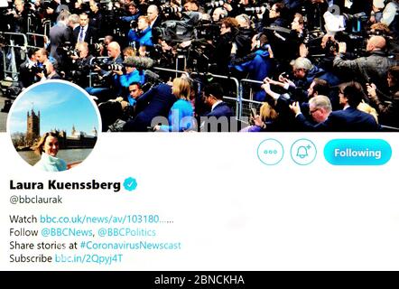 Twitter page (maggio 2020) Laura Kuenssberg, editore politico di notizie della BBC Foto Stock