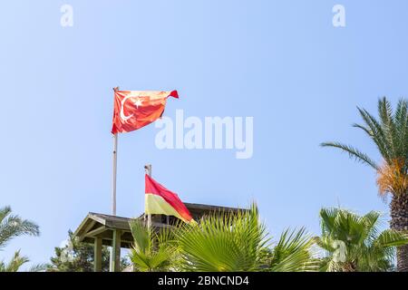 Sventolando bandiera turca nazionale rossa tra palme verdi e piante sulla spiaggia di un confortevole hotel resort di lusso in una giornata di sole di guerra. Turchia viaggio Foto Stock